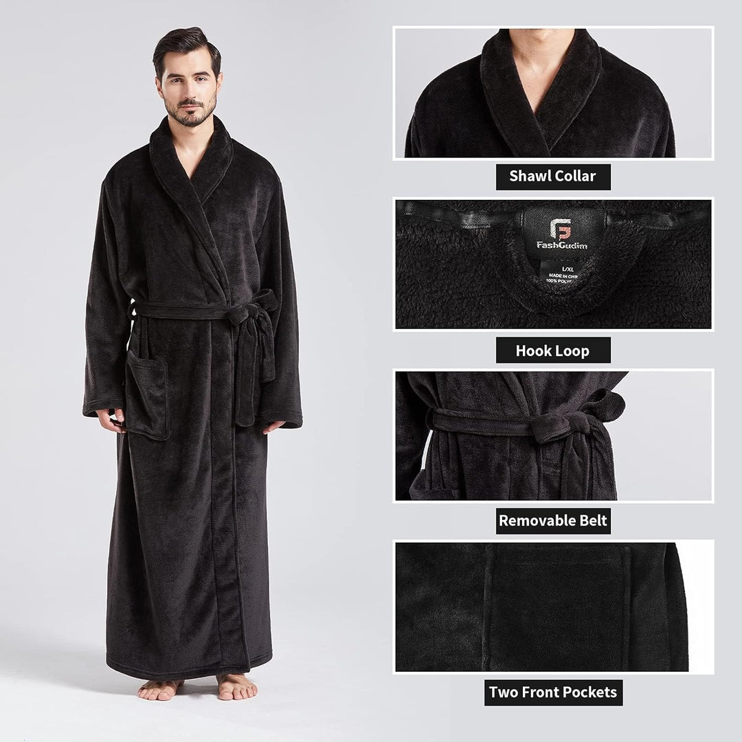 FashGudim Herren Bademäntel gross und gross in voller Länge Plüsch Fleece lange Robe Schal Kragen wa