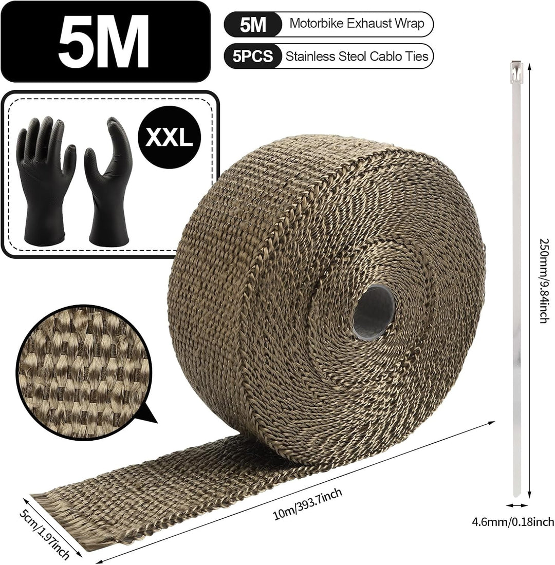 Titanium Exhaust Heat Wrap Roll für Motorräder Faserglas-Wärmeschutzband mit 5 Edelstahl-Bindern (T-