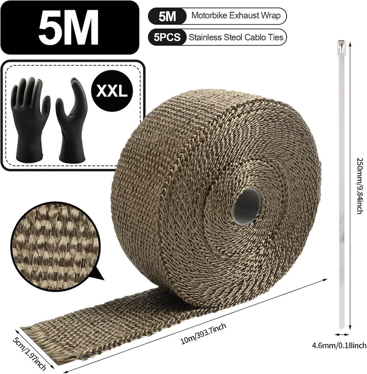 Titanium Exhaust Heat Wrap Roll für Motorräder Faserglas-Wärmeschutzband mit 5 Edelstahl-Bindern (T-
