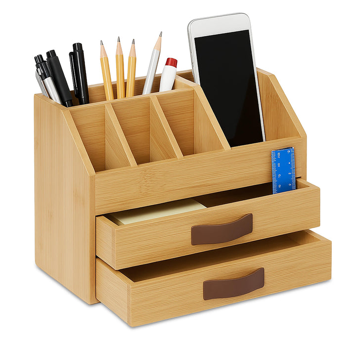 Relaxdays Schreibtisch Organizer, Schubladen & Fächer, HxBxT: 19 x 24 x 14cm, Bambus & PU, Büroaufbe