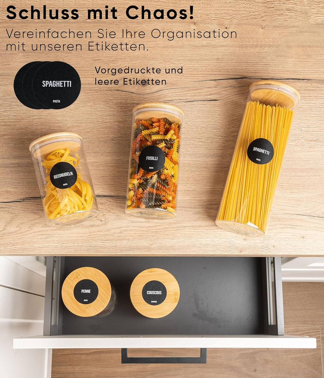 Deco haus® Spaghetti Aufbewahrung 3er Set - Vorratsgläser mit Deckel + Etiketten [LUFTDICHT] - Für M