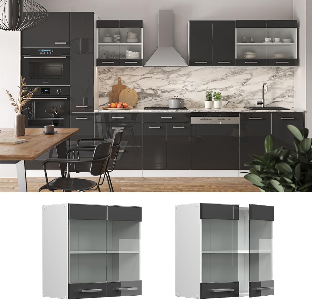 Vicco Küchenschrank Glas R-Line, Anthrazit Hochglanz/Weiss, 60 cm Anthrazit Hochglanz Hängeglasschra
