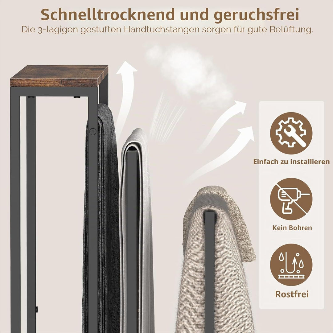 LIANTRAL Freistehender Handtuchhalter mit Holzregal, Badetuchhalter mit 3 Stangen, Handtuchständer a