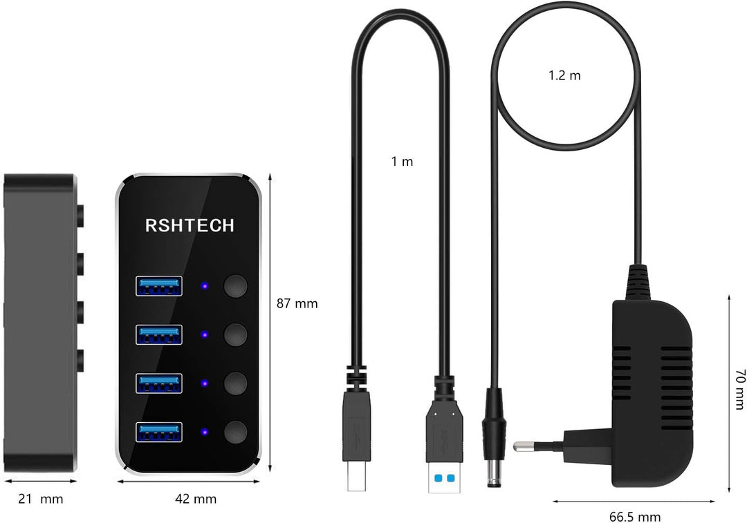 RSHTECH USB Hub Aktiv 3.0 mit Netzteil, USB 3.0 Hub Aktiv mit 4 Ports USB Verteiler 3.0 Datenhub mit