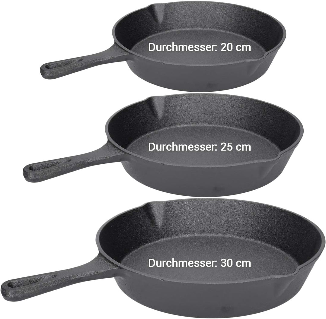 BBQ Pfannen-Set aus Gusseisen, 4-teilig, runde Servier- und Bratpfannen in 3 Grössen, mit Ausgiessmu