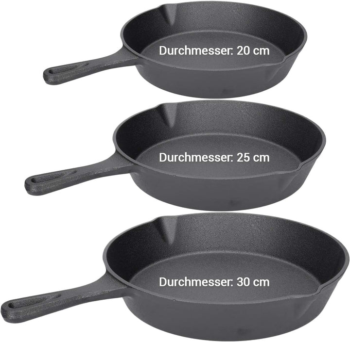 BBQ Pfannen-Set aus Gusseisen, 4-teilig, runde Servier- und Bratpfannen in 3 Grössen, mit Ausgiessmu