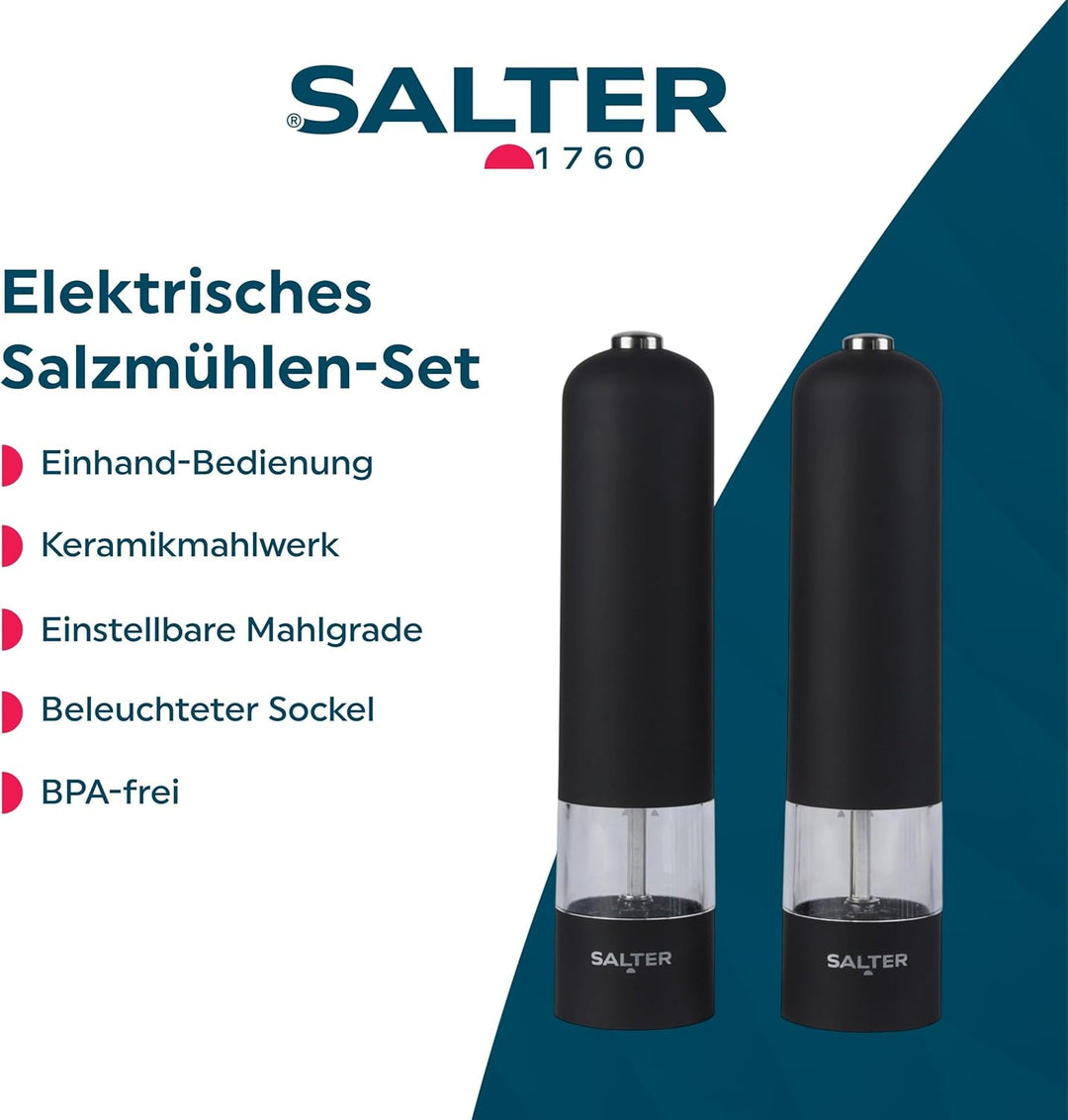 Salter Elektrisches Salz- & Pfeffermühlen-Set – Einhandbedienung, Keramikmahlwerk, einstellbarer Mah