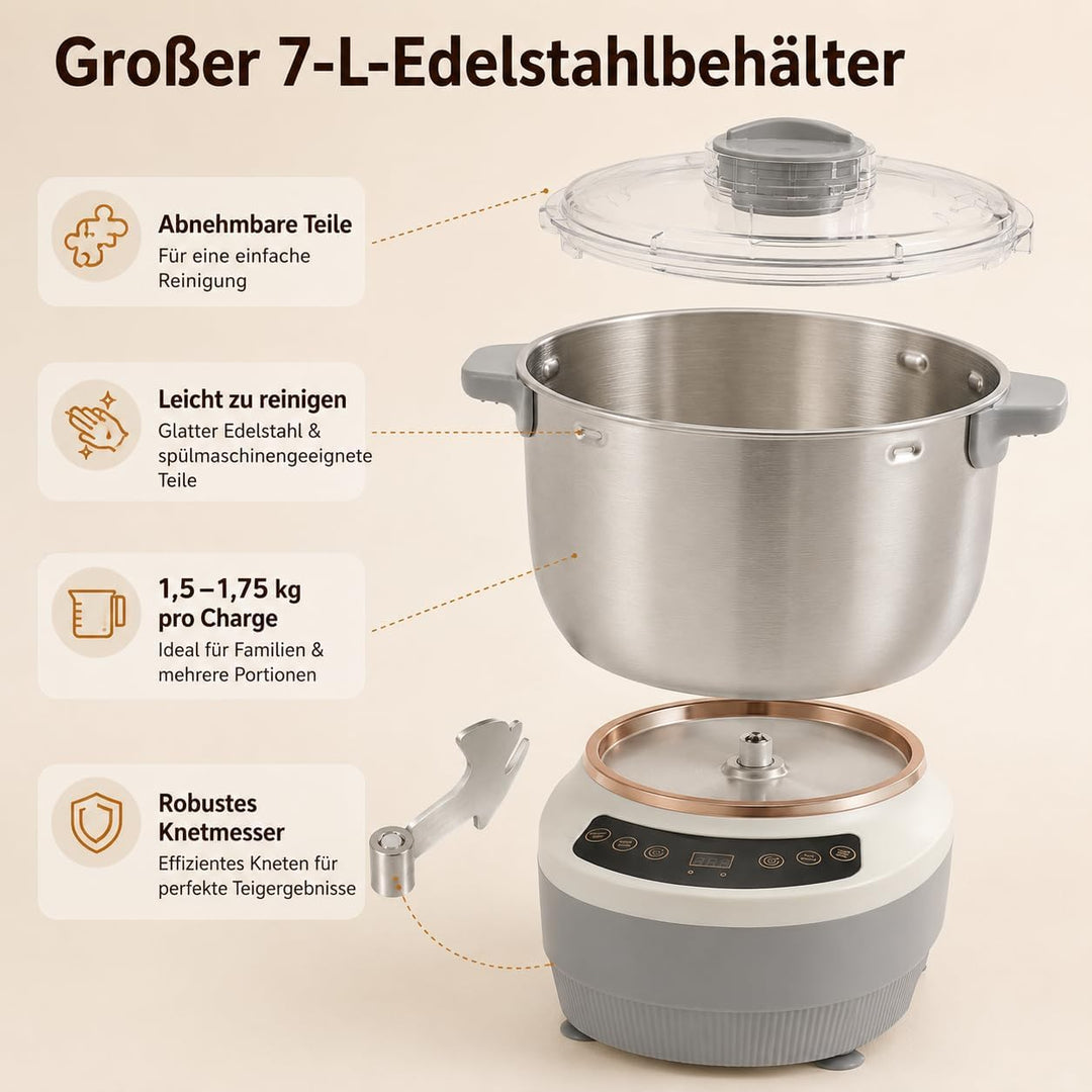 Teigknetmaschine, 7L Vollautomatische Teigmaschine, Teigmehl Mixer 45 ℃ Konstante Temperatur Ferment