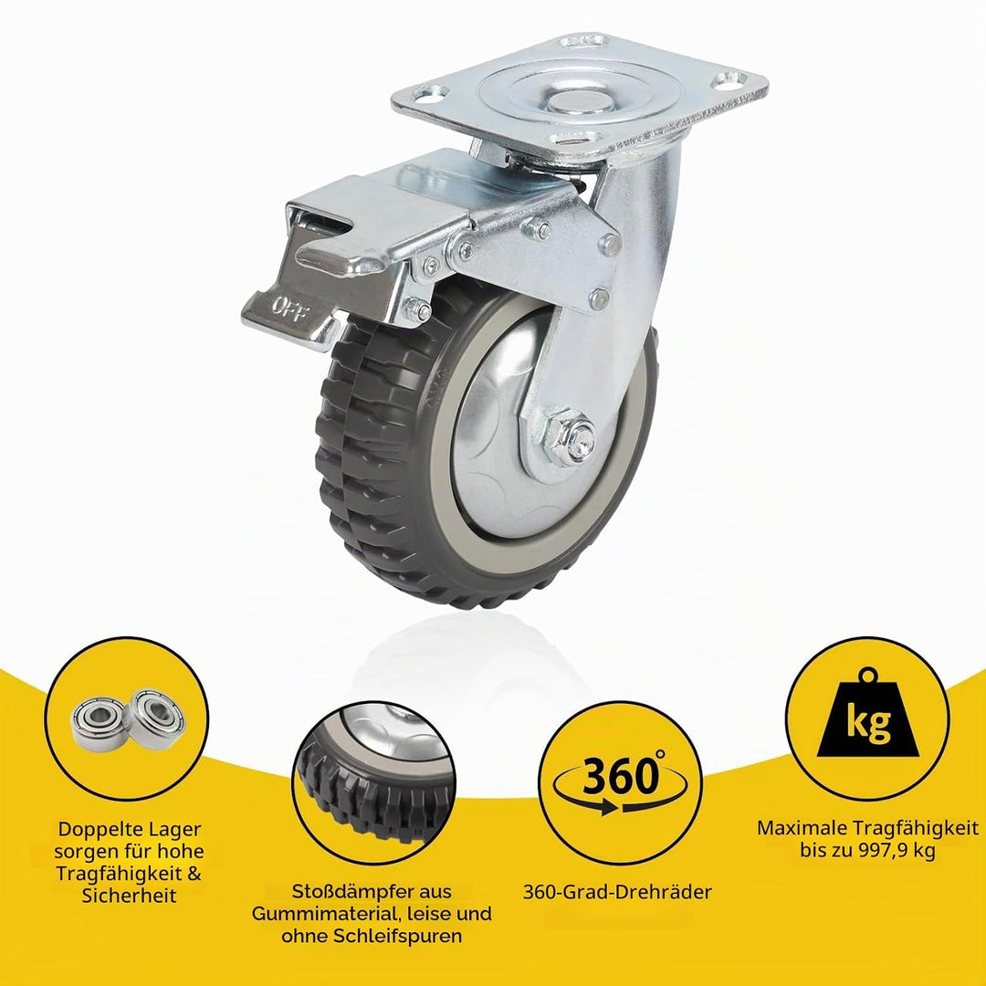 4PCS Schwerlastrollen 200mm Transportrollen Möbelrollen Vollgummi Rollen mit Bremse 360°Grad drehbar