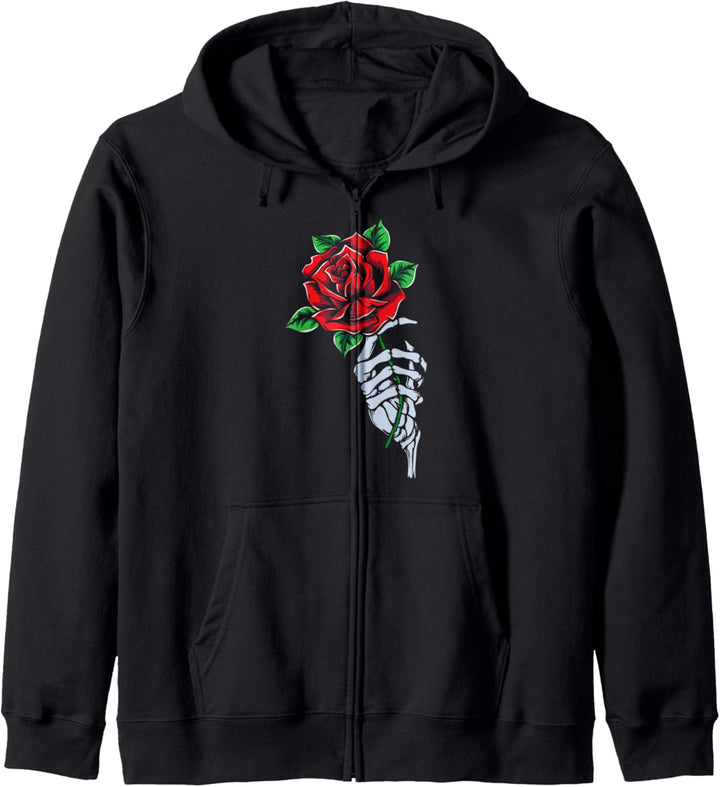 Rote Rose Skelett Hand Rose Blume Rote Rose Gothic Kapuzenjacke