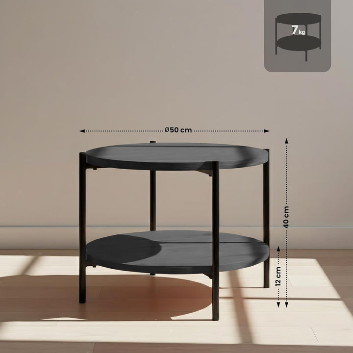 CLP Couchtisch rund Holz Edduma, Sofatisch 2 Ebenen mit Stauraum, Beistelltisch klein Metallgestell