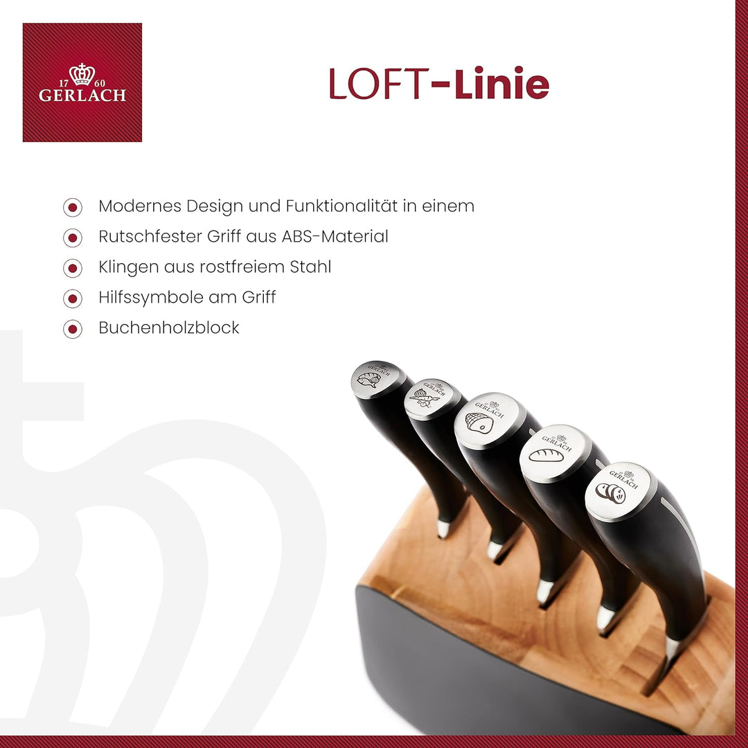 Gerlach Loft Messerblock Messerset Küchenmesserset 5 Messer aus Edelstahl Buchenholz Küchenmesser im
