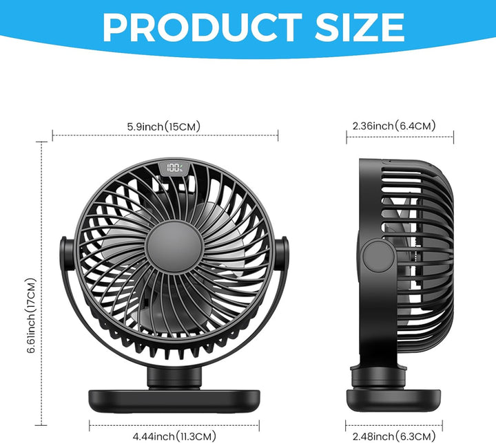 Schreibtischventilator, USB, 4 Geschwindigkeitsstufen, super leise, LED-Anzeige, 5000 mAh, Akku, Sch