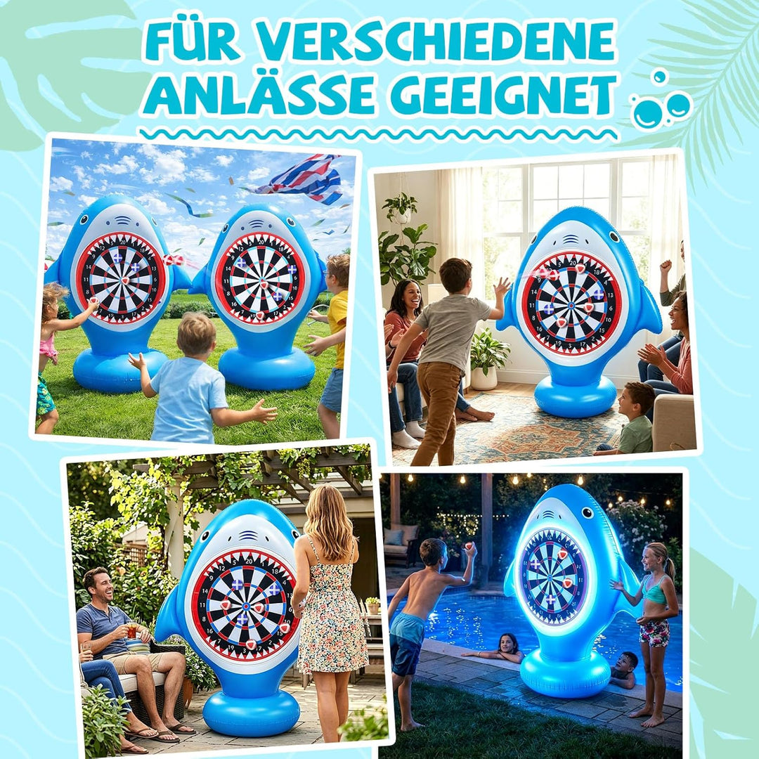 Aufblasbare Dartscheibe Hai für Pool, Wurfspiel mit 10 Klettbällen, Wasserspielzeug für Kinder & Erw