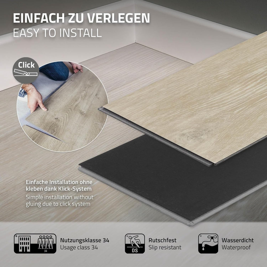 ML-Design Deluxe PVC Bodenbelag, Click Vinyl-Dielen, Vinylboden, 122 cm x 18 cm x 4,2 mm, Dicke 4,2