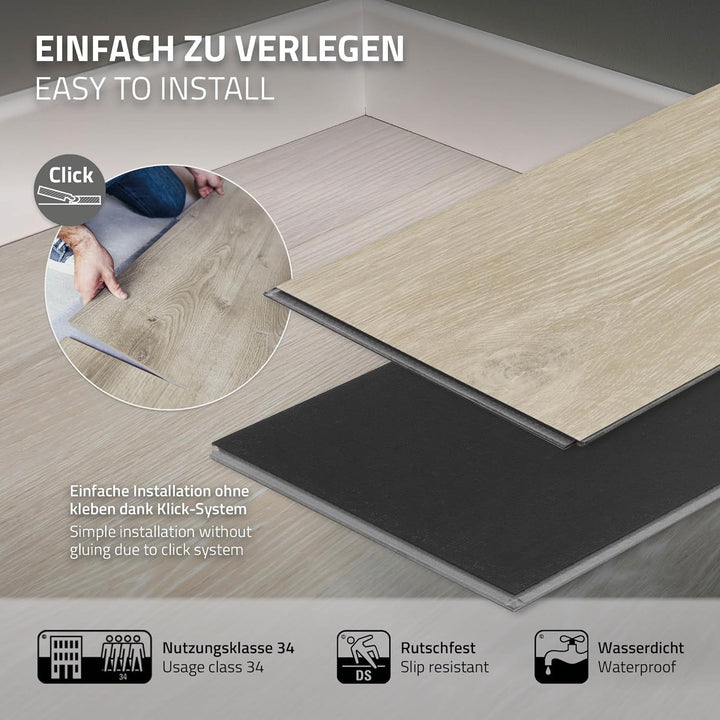 ML-Design Deluxe PVC Bodenbelag, Click Vinyl-Dielen, Vinylboden, 122 cm x 18 cm x 4,2 mm, Dicke 4,2