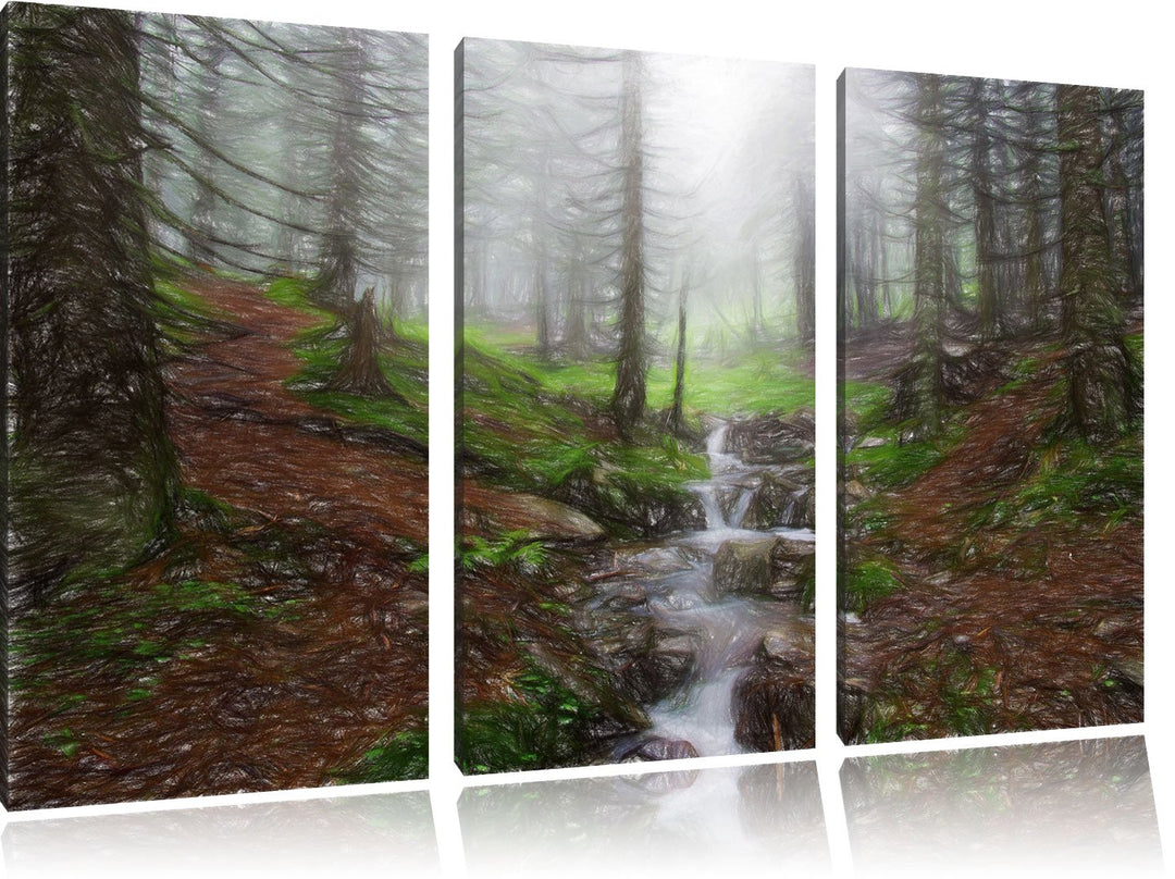 Pixxprint Bach im Wald / 3-Teilig/Gesamtmass 120cm Leinwandbild bespannt auf Holzrahmen/Wandbild Kun