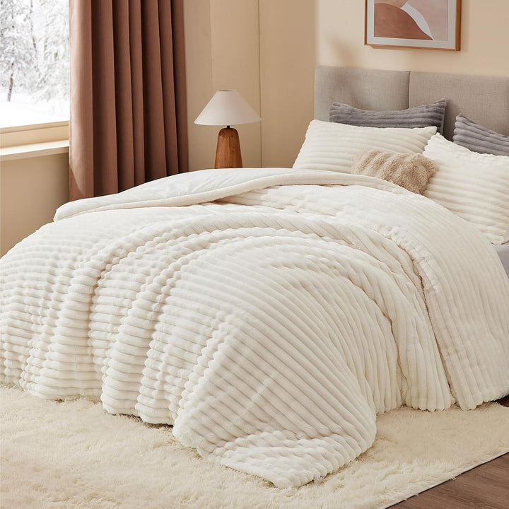 BEDELITE Fleece-Bettwäsche-Set für Queensize-Betten, super weich und warm, flauschig, weiss, luxuriö