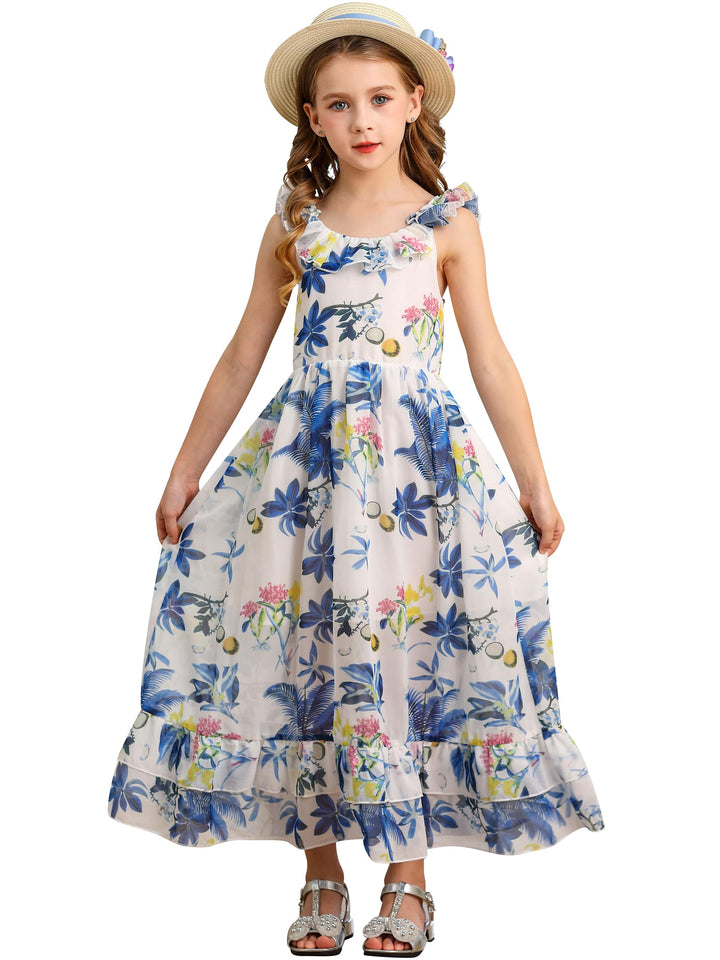 BONNY BILLY Mädchen Kleider Freizeit Blumen Sommerkleid Strandkleid Chiffonkleid Maxikleid mit Rüsch