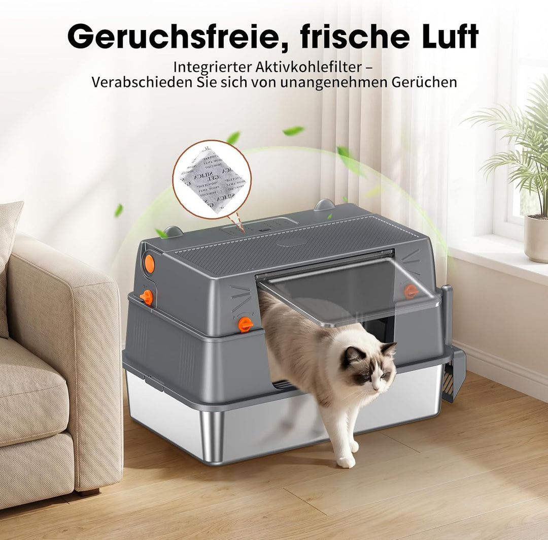 Edelstahl Katzentoilette Geschlossen 100° Klappdeckel,Dunkelgrau | Metallwanne, Vollständige Öffnung