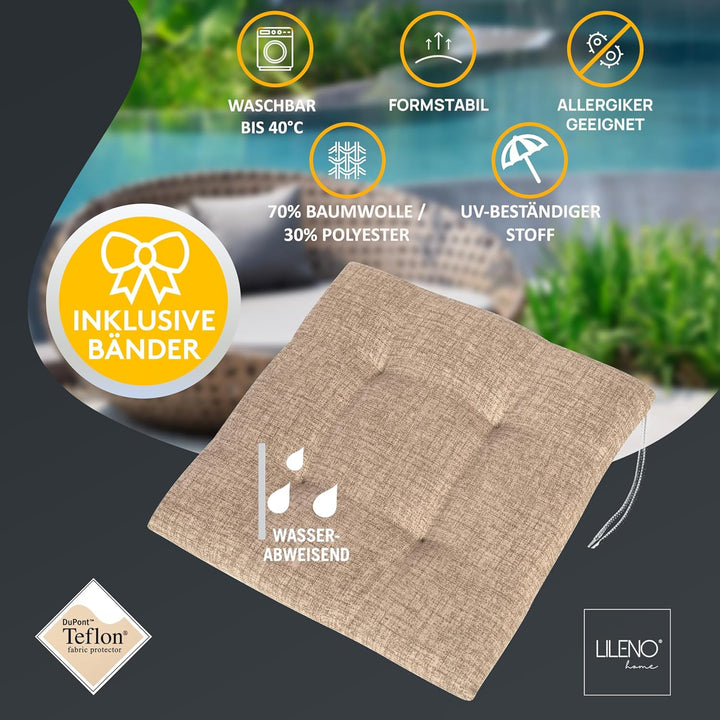 LILENO HOME 2er Set Stuhlkissen Hellbraun (40x40x4,5 cm) - Sitzkissen für Gartenstuhl, Küche oder Es