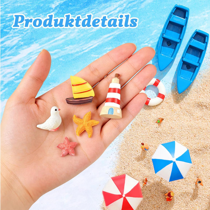 21 Stück Strand-Mikrolandschaft Miniatur Dekoration mit Mini LiegestüHlen Palmen Sonnenschirmen Couc