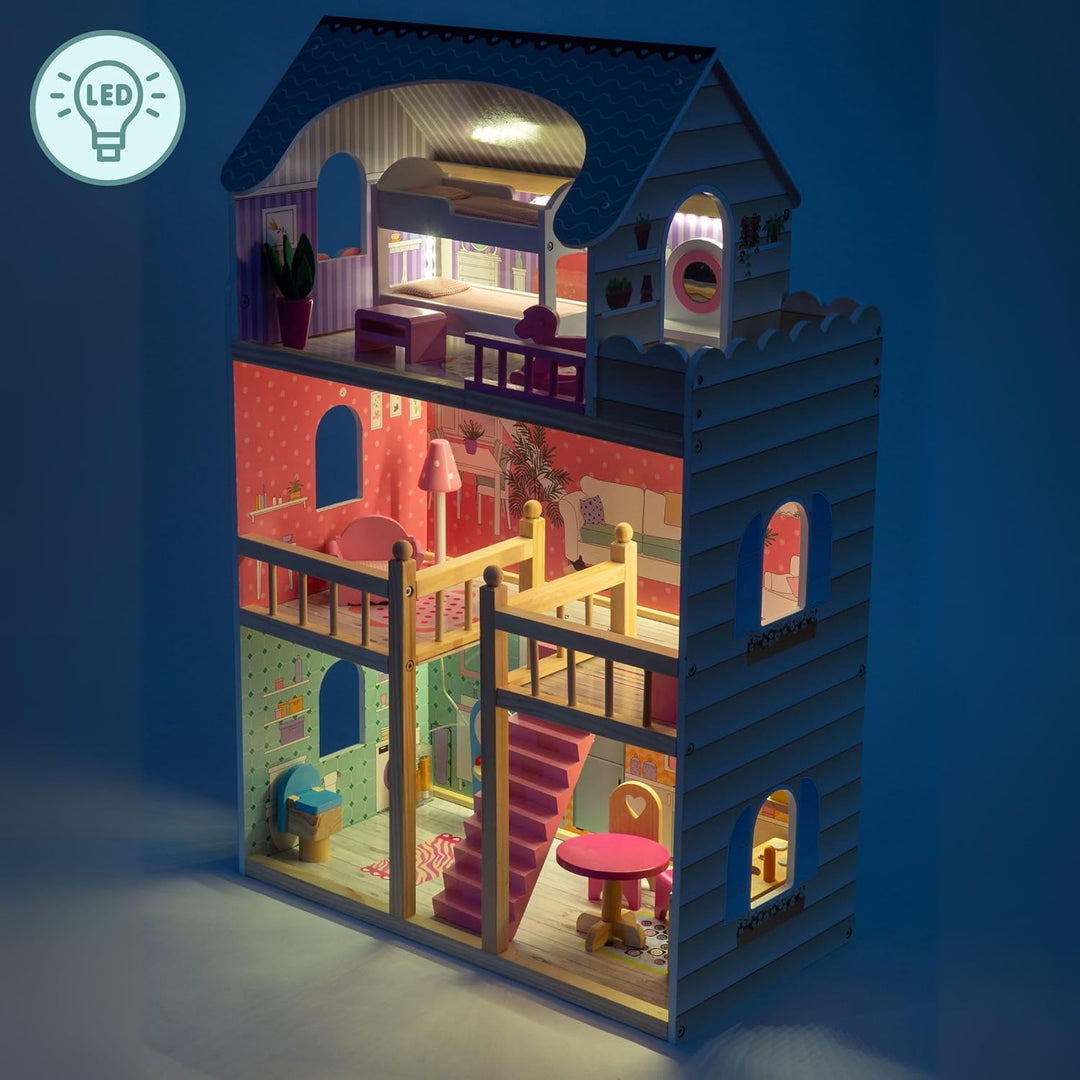 mamabrum Puppenhaus Holz ab 3 Jahre Mädchen – Grosses Puppenhaus mit Möbeln & LED Beleuchtung – 3 Et