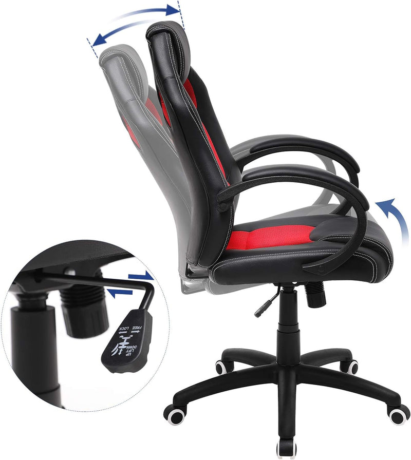 SONGMICS Racing Stuhl Bürostuhl Gaming Stuhl Chefsessel Drehstuhl PU, schwarz-rot, OBG56BR, 70*66.5*