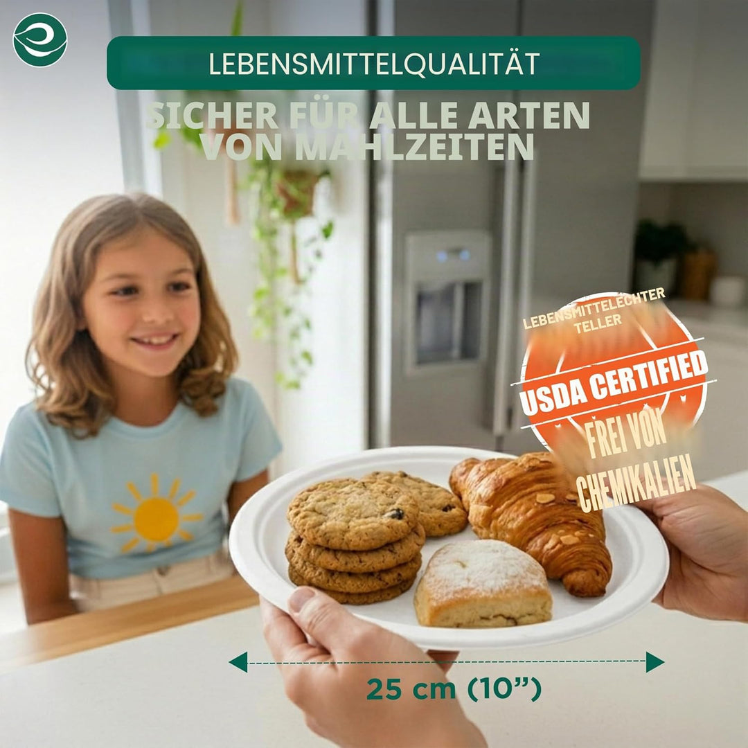 ECO SOUL Pearl White Runde 25cm Bagasse Pappteller (400 Stück), Einweggeschirr und 100% Kompostierba