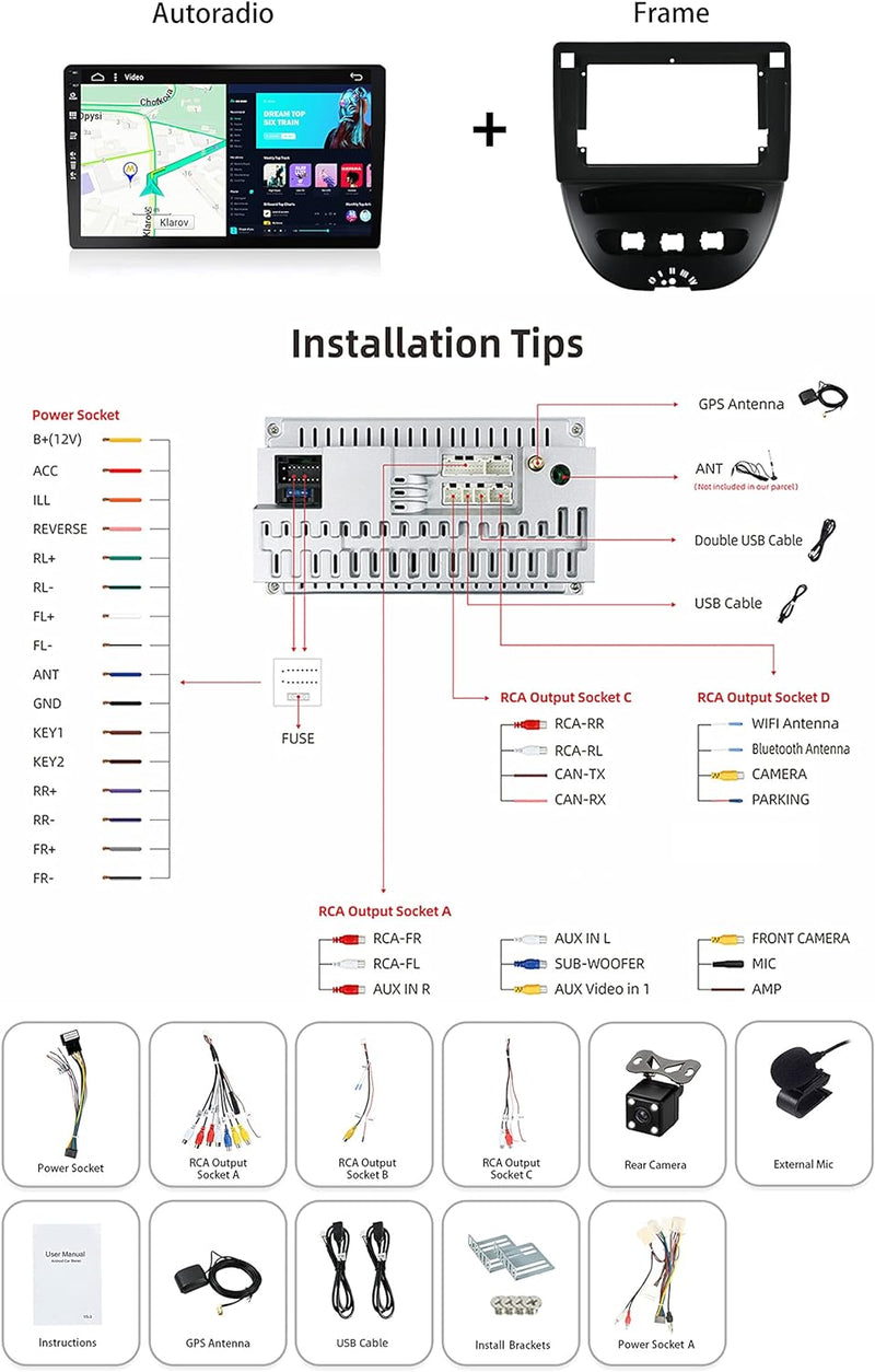 SXAUTO - 6G+128G - Android 12 IPS Autoradio für Toyota Aygo/Peugeot 107/Citroen C1 (2005-2014) - Ein