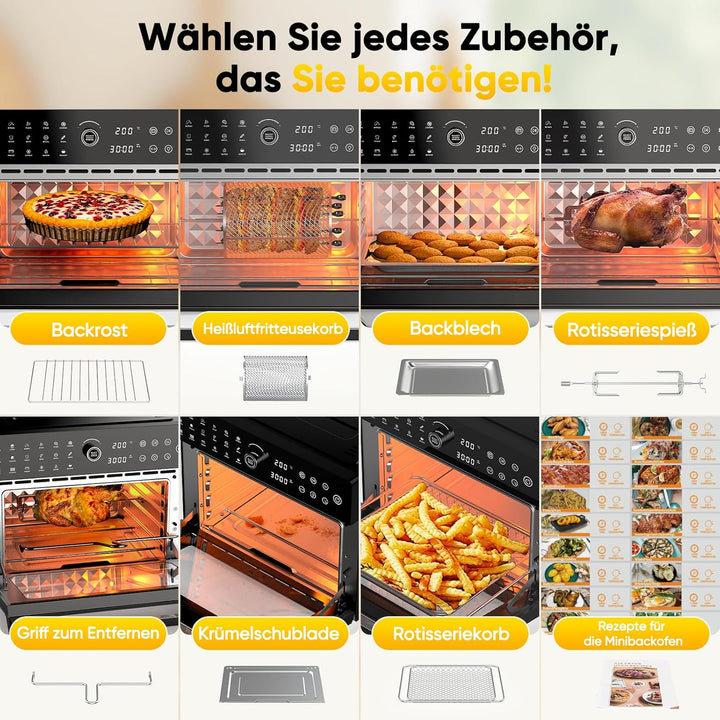 30L Heissluftfritteuse XXL Minibackofen mit LED-Touchscreen, Minibackofen mit Umluft mit 20 Programm