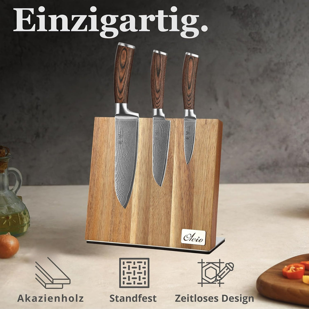 Wakoli Akazien Messerblock und 3er Damastmesser-Set mit Klingenlängen von 8,50cm bis 17,00cm extrem