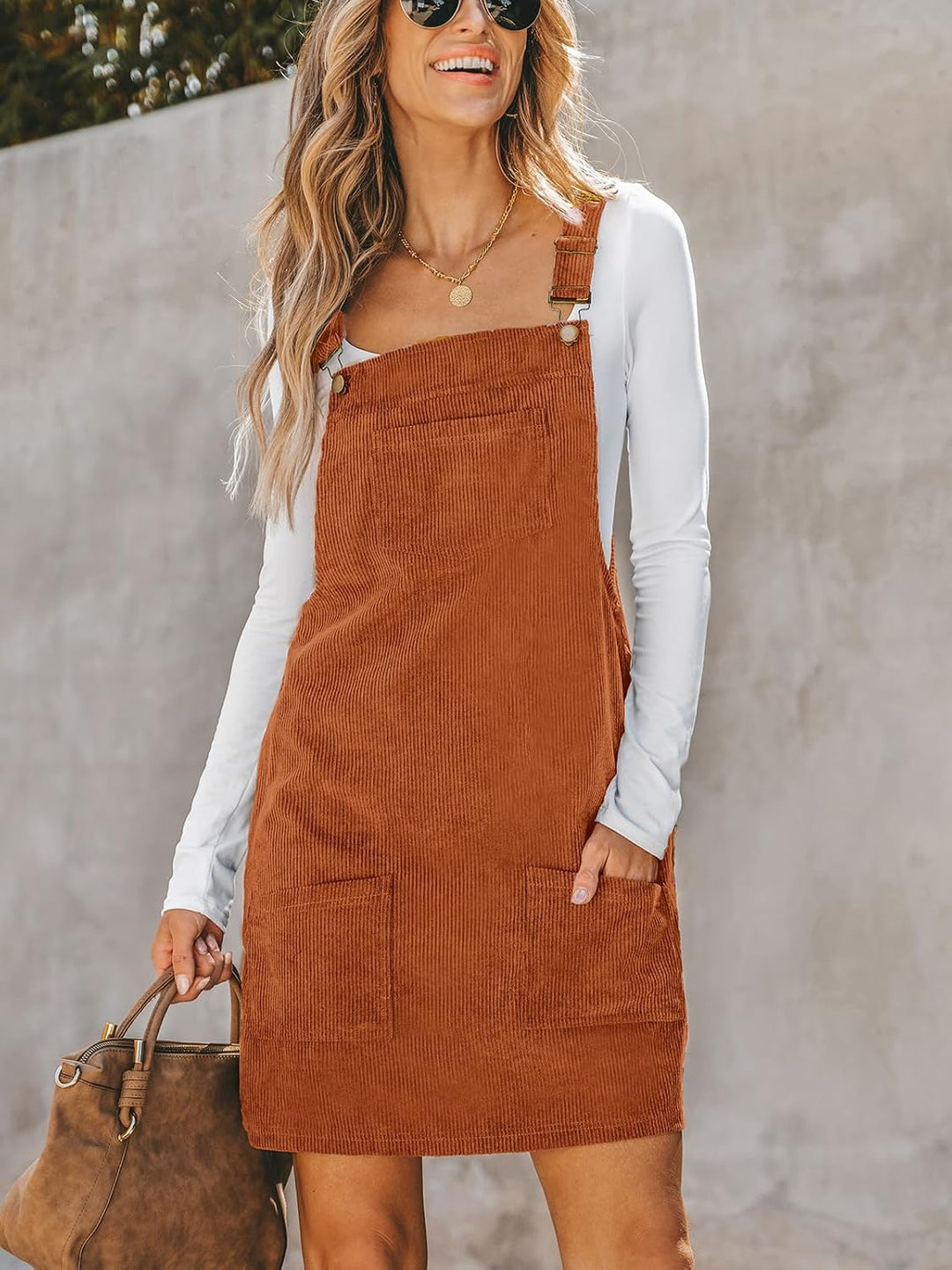 CUPSHE Damen Latzrock Quadratischer Ausschnitt Hosenträger Taschen Cord Latzkleid Overallkleid Freiz