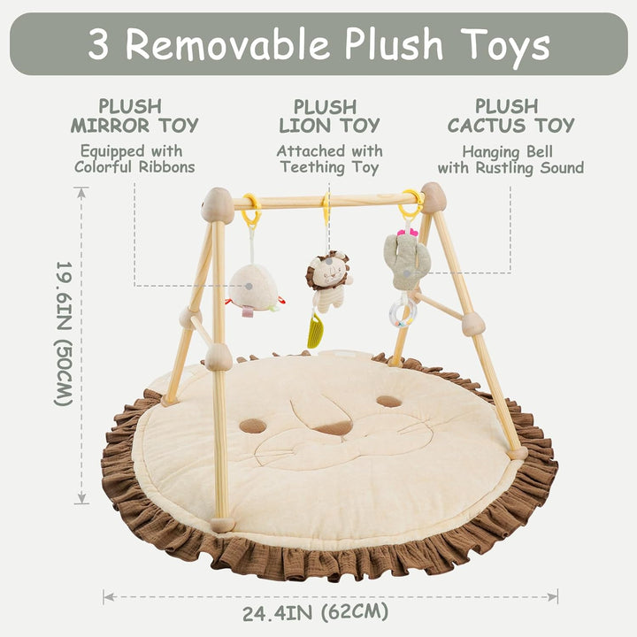 COTTONBEBE 4 IN 1 Spielbogen Baby, Spielmatte Babies mit Natur Holz Activity Spielbogen, 3 abnehmbar