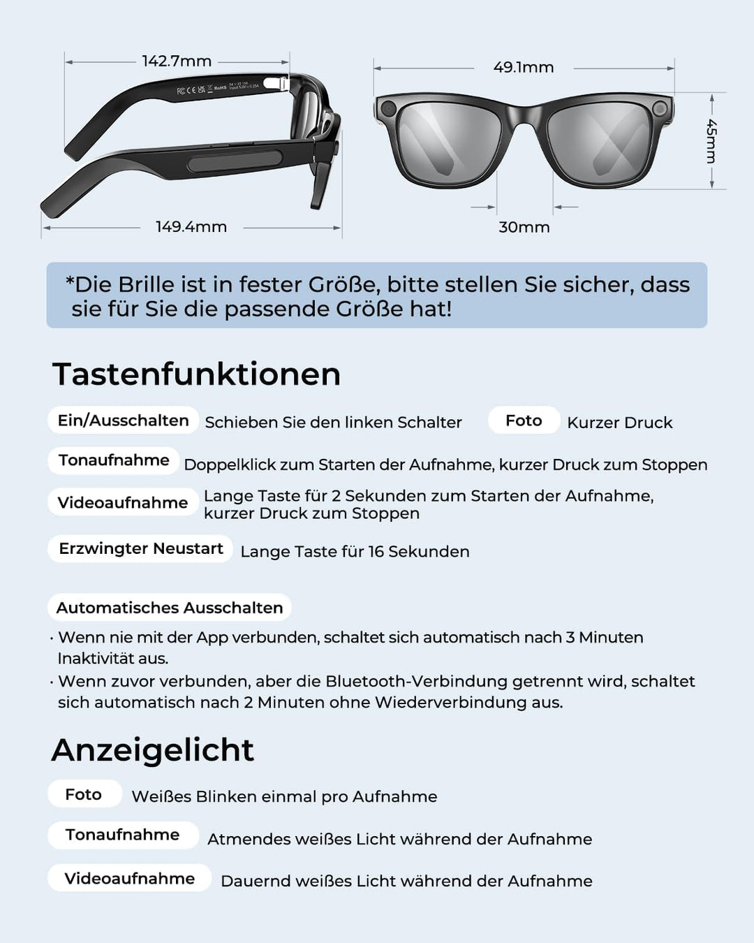 KI Smart-Brille mit Kamera, 800W Kamera & 2K Videoaufnahme, betrieben mit ChatGPT, Echtzeit-Übersetz