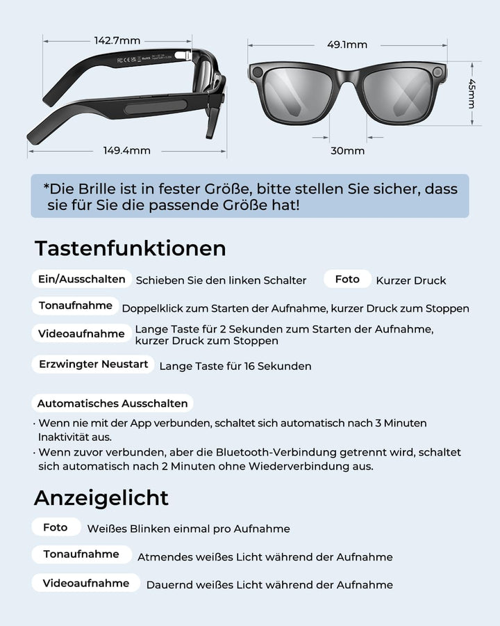KI Smart-Brille mit Kamera, 800W Kamera & 2K Videoaufnahme, betrieben mit ChatGPT, Echtzeit-Übersetz