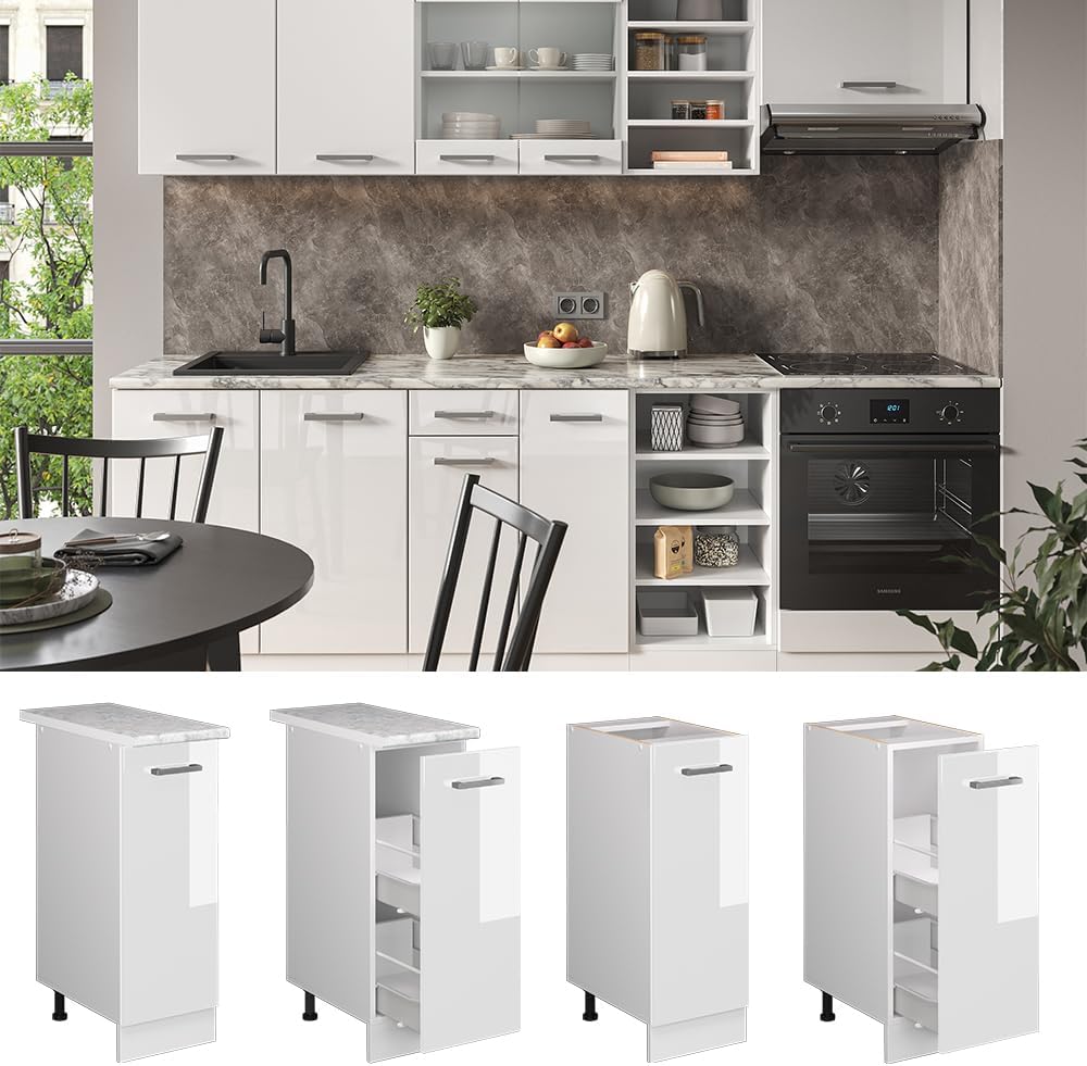 Vicco Apothekerschrank R-Line, Weiss Hochglanz/Weiss, 30 cm mit Arbeitsplatte Weiss Hochglanz Apothe