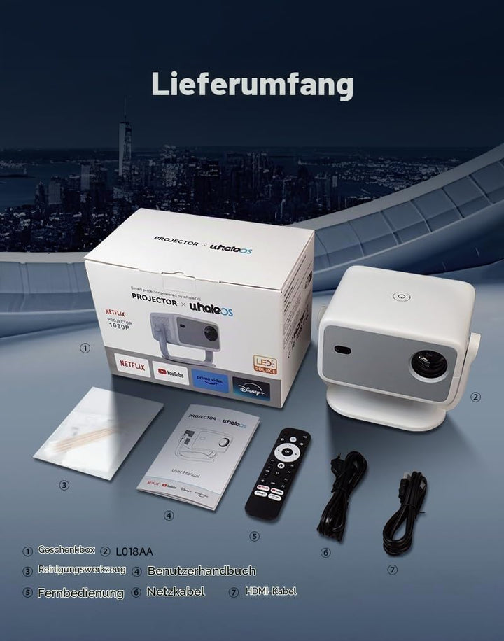 LQWELL® Beamer, Heimkino Projektor 1080P, unterstützt 5G WiFi, BT5.2 mit Android OS, 230 Grad Winkel