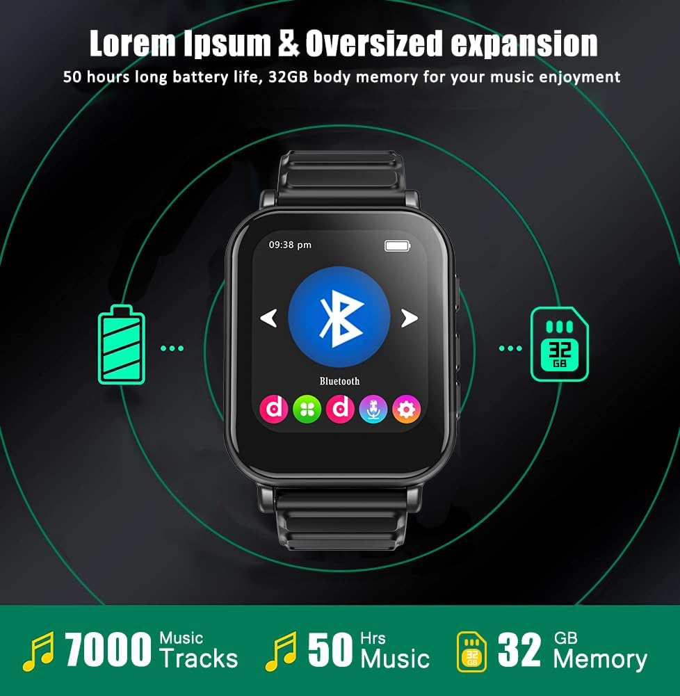 CCHKFEI 32GB Sport MP3 Player Bluetooth, Tragbarer Bluetooth MP3 Player Kinder mit Sportuhr Touchscr