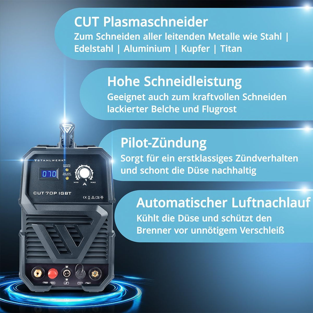 STAHLWERK CUT 70 P IGBT Vollausstattung Plasmaschneider mit 70 Ampere Pilot-Zündung bis 25 mm Schnei