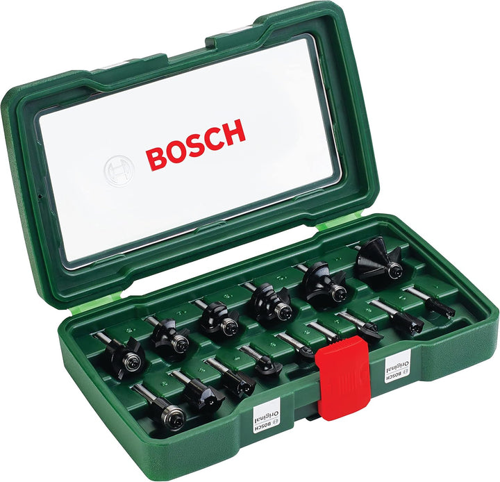 Bosch 15tlg. Hartmetall Fräser Set (für Holz, Ø-Schaft 1/4", Zubehör Oberfräse) 1/4"-Schaft 15 tlg.,
