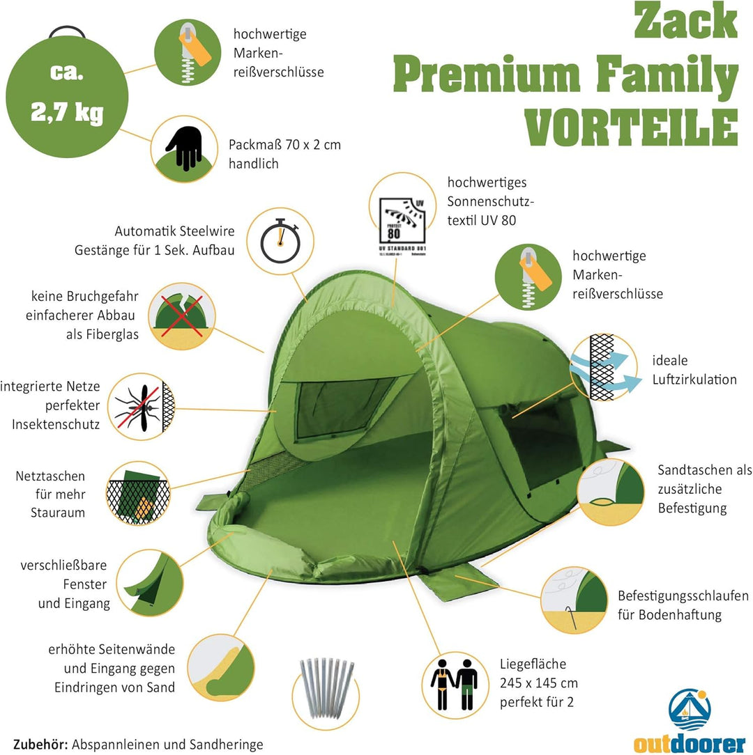 outdoorer Strandmuschel Zack Premium Family, Pop Up Strandmuschel verschliessbar, zertifizierter UV