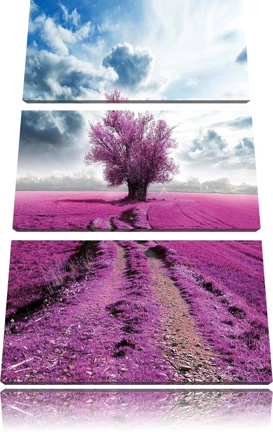 Pixxprint Pinkes Feld mit pinkem Baum 3-Teiler Leinwandbild 120x80 Bild auf Leinwand