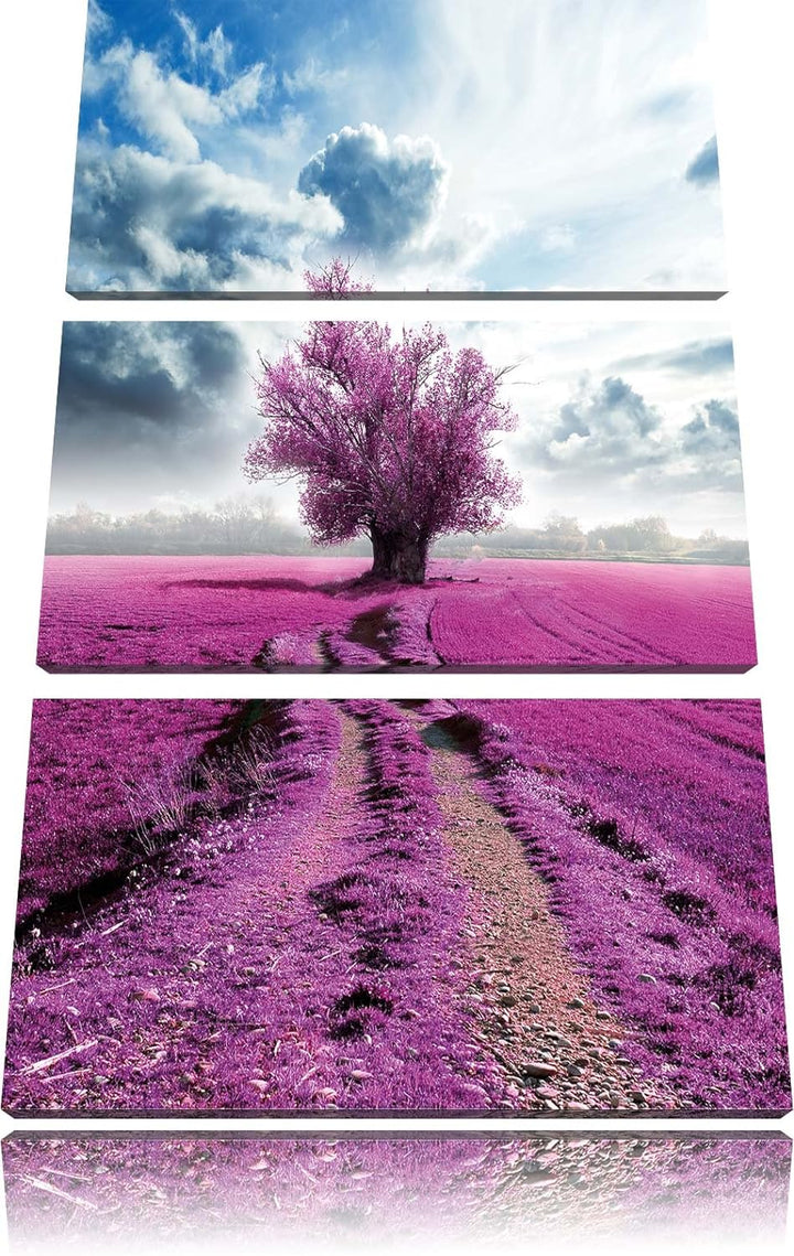 Pixxprint Pinkes Feld mit pinkem Baum 3-Teiler Leinwandbild 120x80 Bild auf Leinwand
