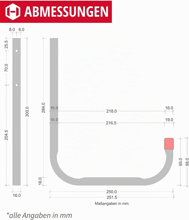 Gedotec Wandhaken Garage Metall-Haken Werkstatt | Schwerlast-Gerätehalter 250 x 300 mm | Befestigung