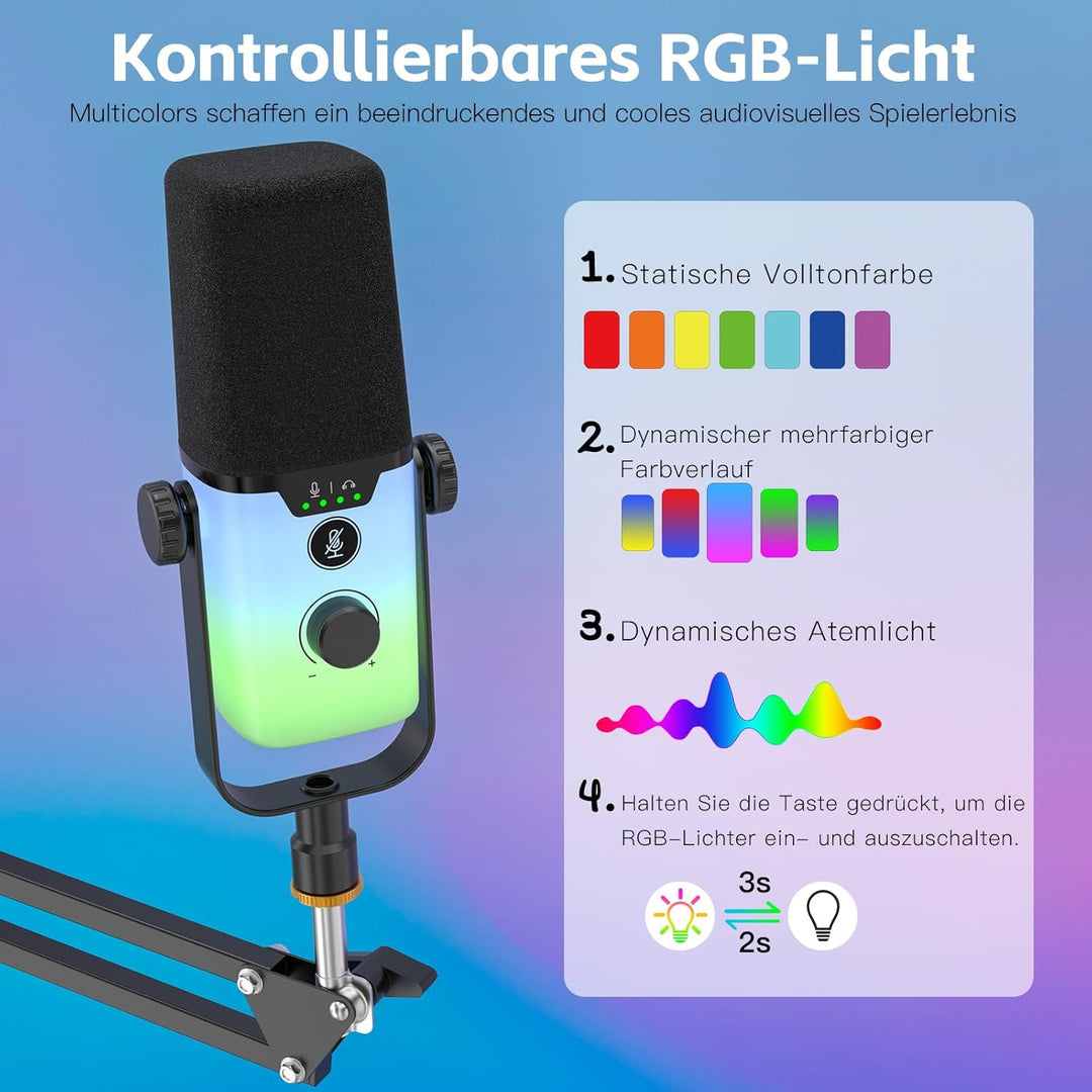 zealsound USB Gaming Mikrofon PC mit Arm – 192kHz Kondensatormikrofon mit Noise Cancelling, Stummsch