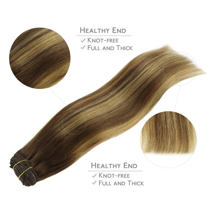 WENNALIFE Clip In Extensions Echthaar, 150g 45cm 9pcs Balayage Schokoladenbraun bis Karamellblond Cl