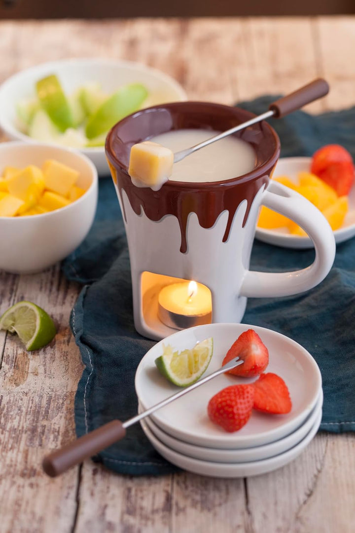 4 tlg. Schokofondueset mini, Kleines Fondue, Schokofondue, Fonduetasse, Tasse, Gabeln, Teelichtfondu