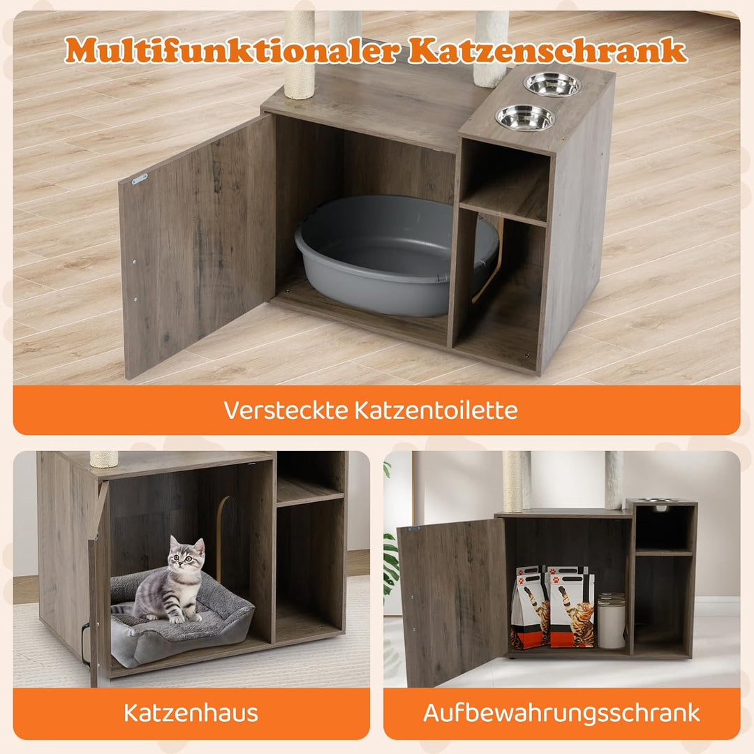 COSTWAY Kratzbaum mit Katzenklo Schrank, Katzenschrank für Katzentoilette, Katzenkratzbaum mit Sisal