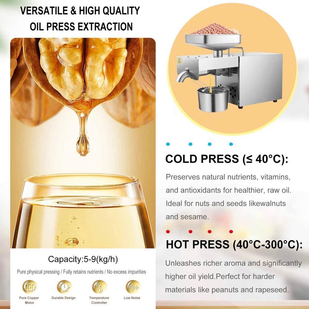 Elektrische Ölpresse, automatische Ölpresse, Heiss-/Kalt-Extraktor aus Edelstahl, Bio-Öl-Extraktor f